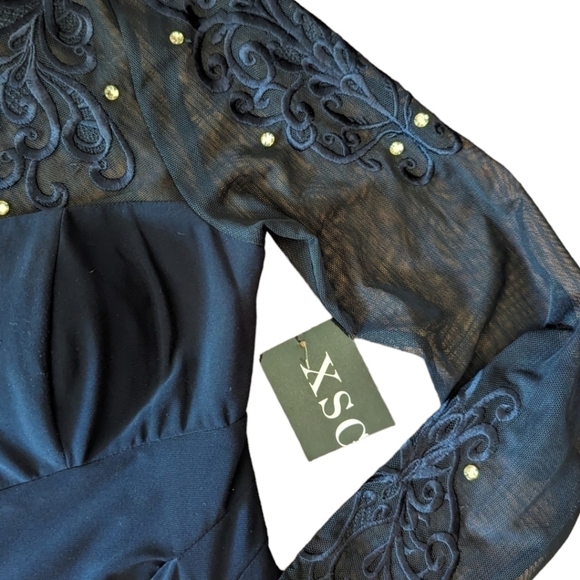 New XSCAPE navy Dress knit party dress illusion Lace neckline long sleeves sz 4 - Picture 6 of 11